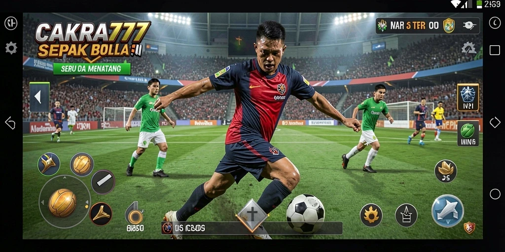 Tampilan gameplay seru dalam CAKRA777 saat pertandingan sepak bola berlangsung.
