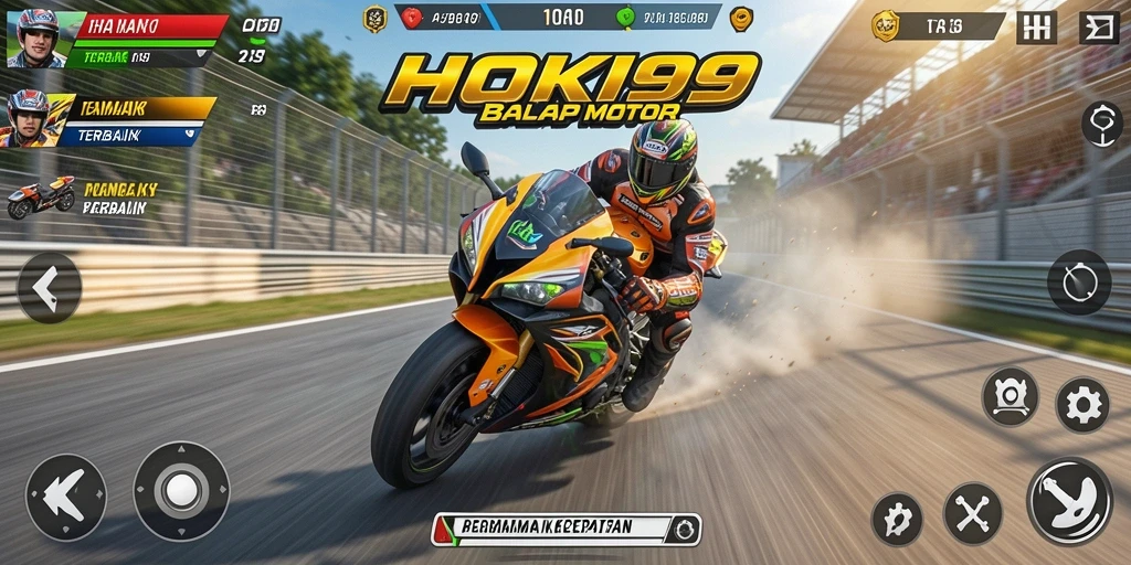 Tampilan gameplay HOKI99 yang mendebarkan dengan balapan motor yang cepat.