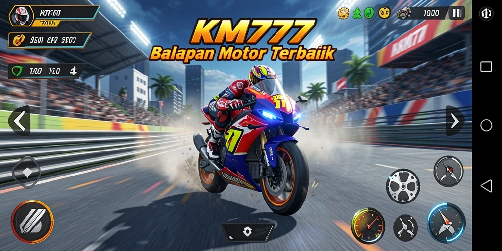 Screenshot gameplay KM777 menampilkan balapan motor yang mendebarkan.
