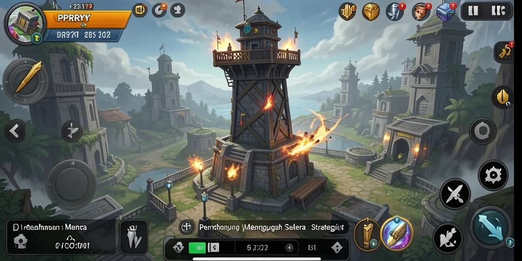 Tampilan menara dan musuh dalam gameplay PPRRYY yang menegangkan.