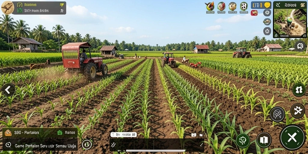 Tampilan gameplay S80 yang menampilkan aktivitas bertani dan peternakan.