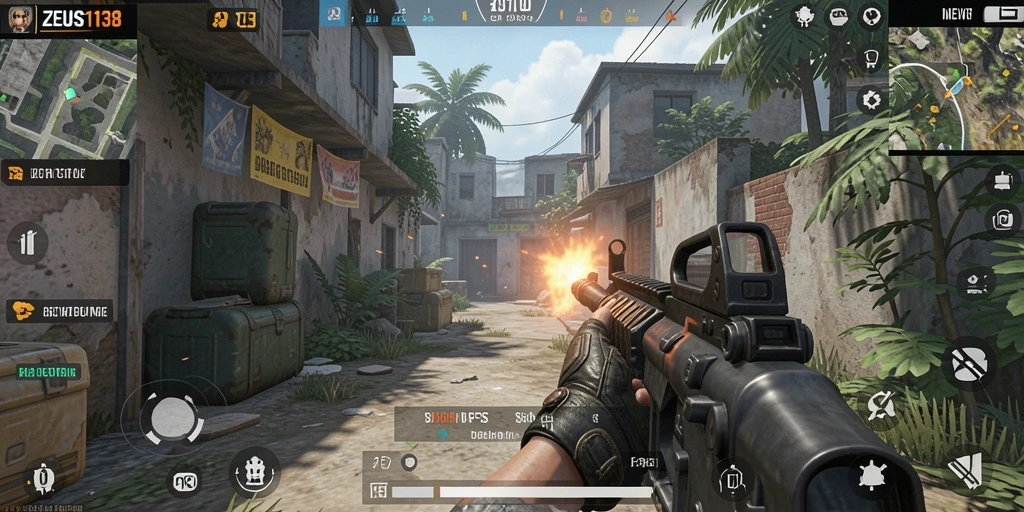 Tampilan gameplay menegangkan dari ZEUS138 dalam aksi FPS.